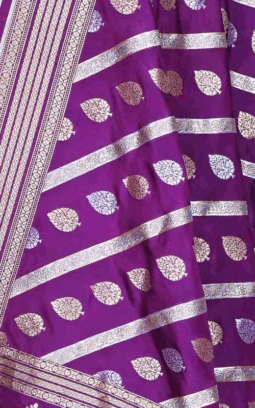 Purple katan silk Banarasi dupatta with diagonal leaf boota