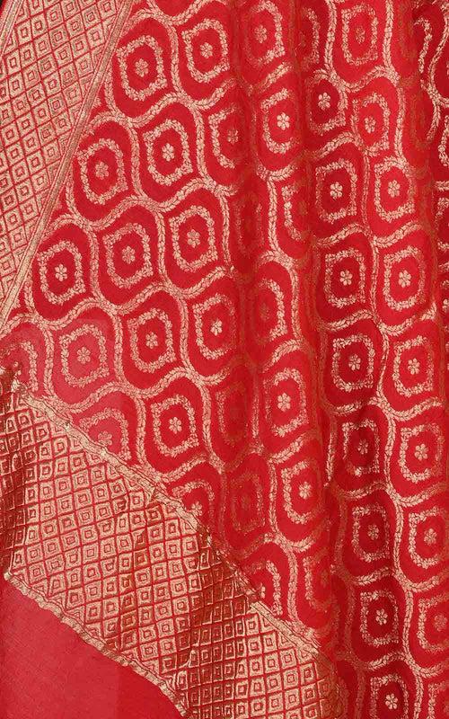 Red muga silk Banarasi dupatta with ogee jaal