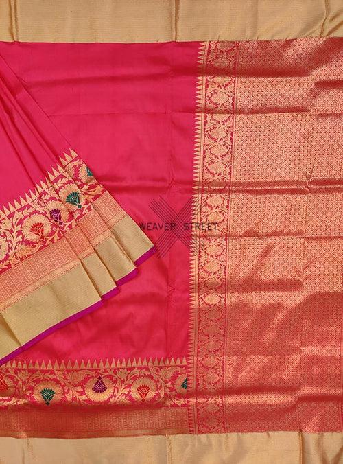 Strawberry Katan silk Handwoven Banarasi saree with meenedar floral skirt border