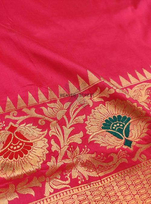 Strawberry Katan silk Handwoven Banarasi saree with meenedar floral skirt border