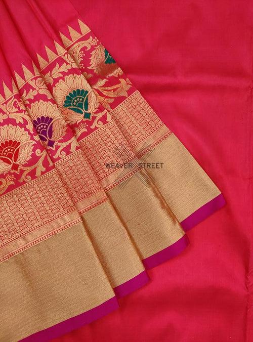 Strawberry Katan silk Handwoven Banarasi saree with meenedar floral skirt border