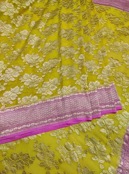 Yellow Khaddi georgette handwoven Banarasi saree with flower boota jaal