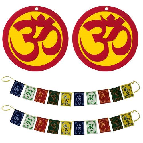 Tibetan Prayer Flags Aum Mani Padme Hum Om Mandir Home Wall Decor Hindu Temple Pooja Items Vastu Decorative Car Hanging Diwali Puja Single Sided Symbol - Set of 4