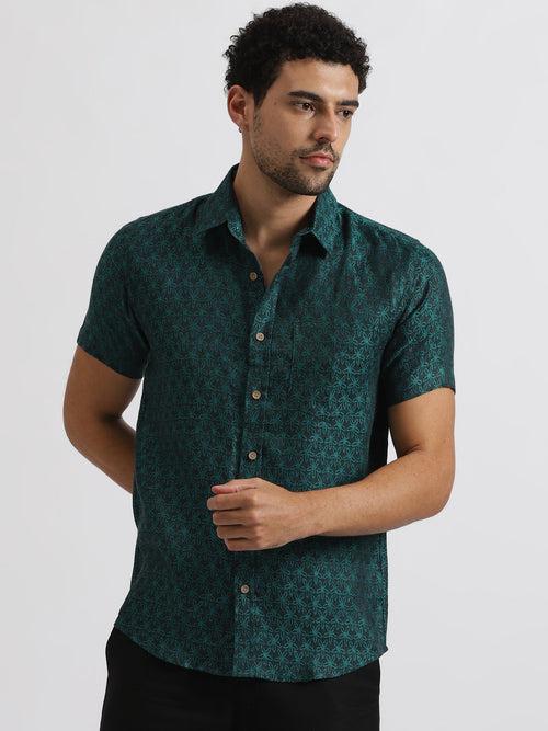 Abel - Pure Linen Floral Jacquard Half Sleeve Shirt - Peacock Green | Rescue