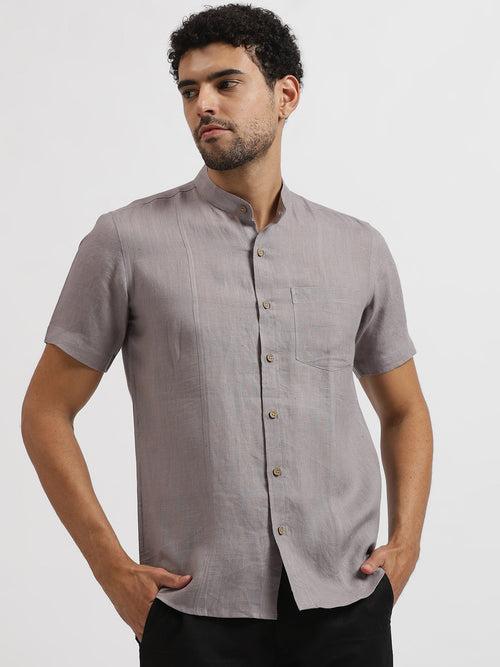 Trevor - Pure Linen Mandarin Collar Half Sleeve Shirt - Cement Grey | Rescue