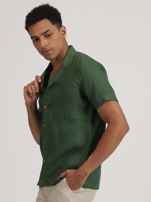 Earl - Pure Linen Half Sleeve Shirt With Stitch Details  - Dark Green | Rescue