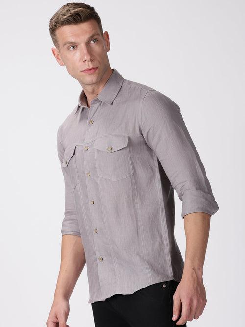 Thomas - Pure Linen Double Pocket Full Sleeve Shirt - Cement Grey | Rescue