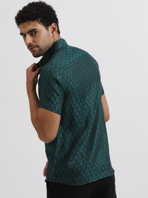 Abel - Pure Linen Floral Jacquard Half Sleeve Shirt - Peacock Green | Rescue