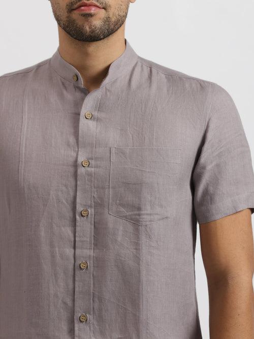 Trevor - Pure Linen Mandarin Collar Half Sleeve Shirt - Cement Grey | Rescue