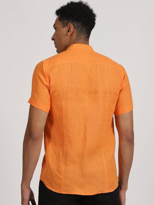 Trevor - Pure Linen Mandarin Collar Half Sleeve Shirt - Beer Orange | Rescue