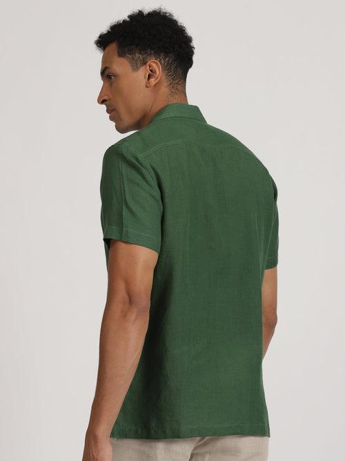 Earl - Pure Linen Half Sleeve Shirt With Stitch Details  - Dark Green | Rescue