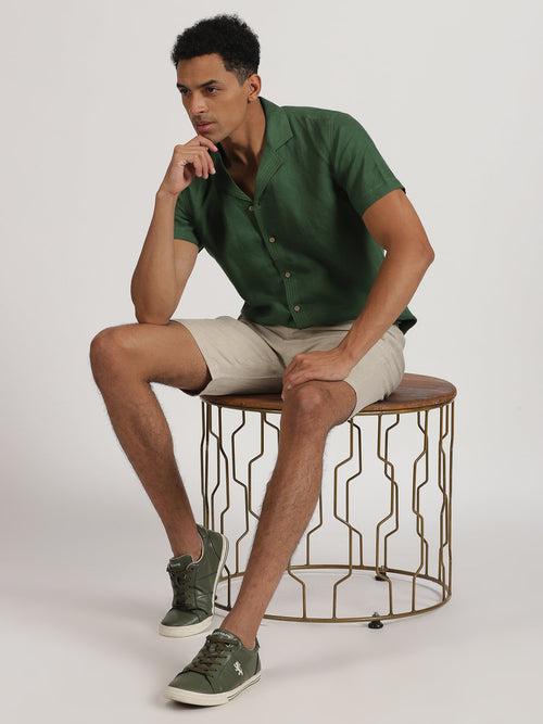 Earl - Pure Linen Half Sleeve Shirt With Stitch Details  - Dark Green | Rescue