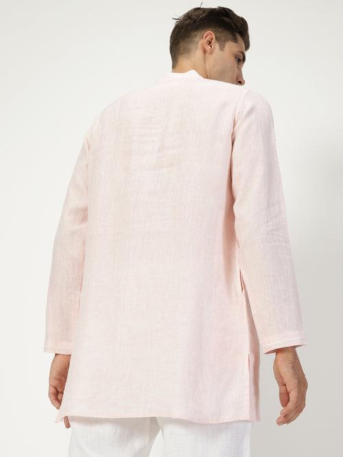 Ved Kurta Sets -  Embroidered Pure Linen Short Kurta | Light Pink