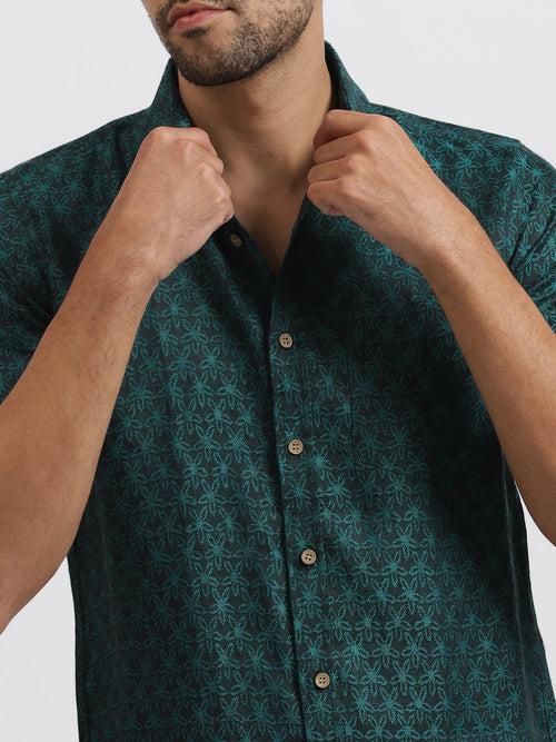 Abel - Pure Linen Floral Jacquard Half Sleeve Shirt - Peacock Green | Rescue