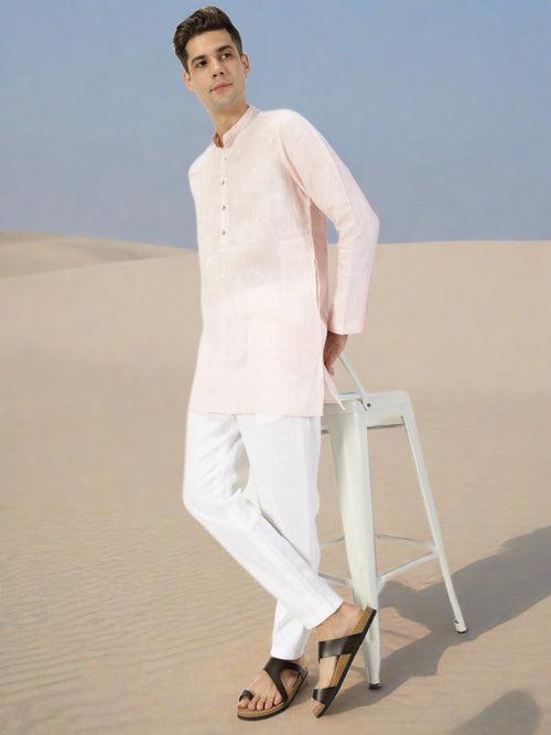 Ved Kurta Sets -  Embroidered Pure Linen Short Kurta | Light Pink