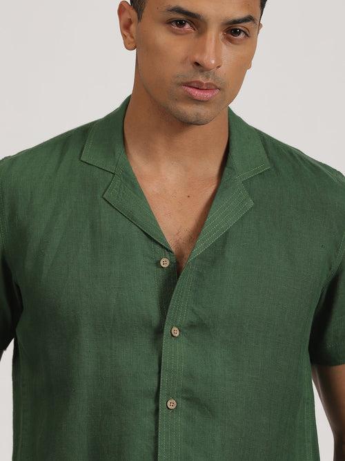 Earl - Pure Linen Half Sleeve Shirt With Stitch Details  - Dark Green | Rescue