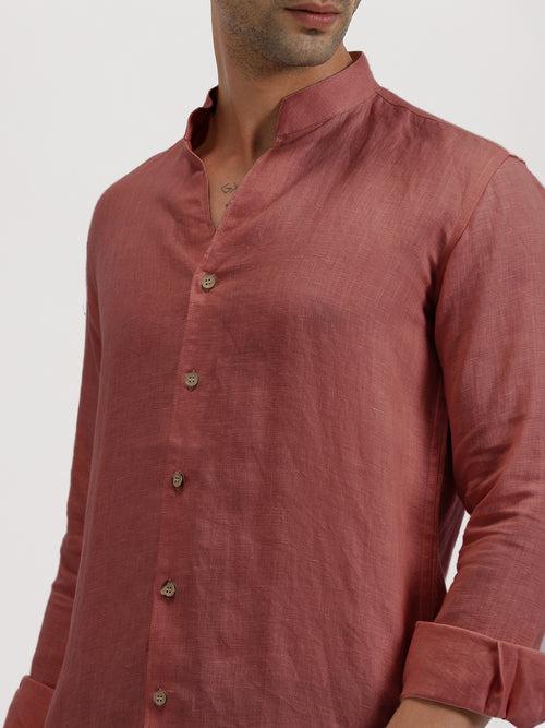 Craig - Pure Linen V Neck Full Sleeve Shirt - Terracotta Red