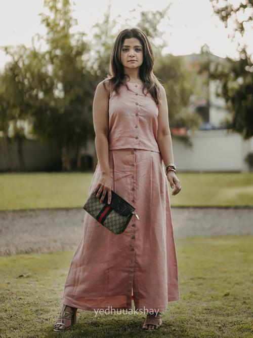 Dara - Pure Linen Sleeveless With Skirt Co-ord Set - Salmon Pink