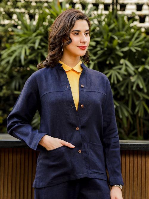 Lana - Mandarin Collar Shacket - Dark Blue