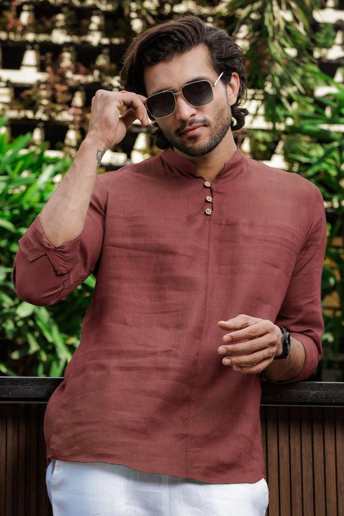 Quinn Half Placket Pure Linen Full Sleeve Shirt - Terracotta Red