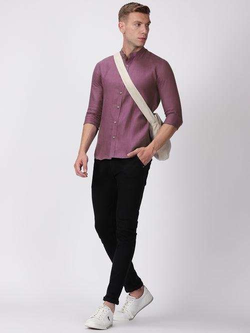 Ronan - Pure Linen Mandarin Collar Full Sleeve Shirt - Twilight Purple