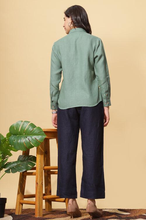 Rosa - Pure Linen Full Sleeve Shirt - Smoke Green