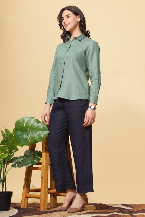 Rosa - Pure Linen Full Sleeve Shirt - Smoke Green