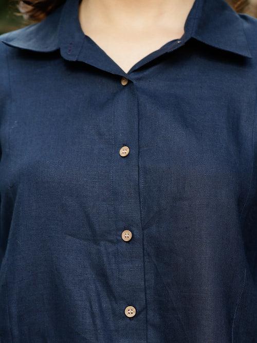 Sarah - Pure Linen Full Sleeve Shirt With Side Panels - Navy Blue