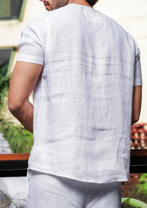 Simon - Pure Linen Block Printed Short Sleeve T-Shirt - White