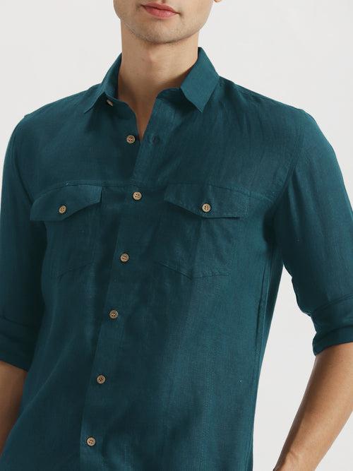 Thomas - Pure Linen Double Pocket Full Sleeve Shirt - Midnight Blue