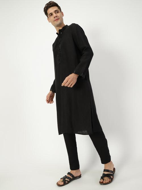 Veer Kurta - Pure Linen Long Kurta with Mirror Work | Black