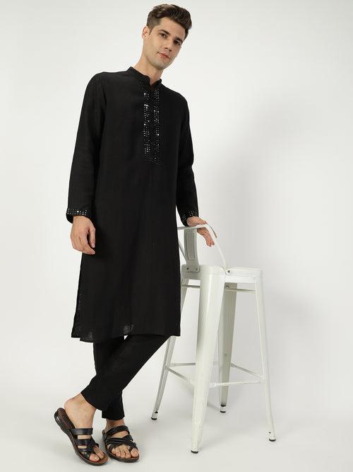 Veer Kurta - Pure Linen Long Kurta with Mirror Work | Black