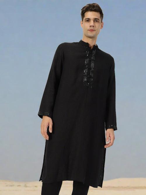 Veer Kurta - Pure Linen Long Kurta with Mirror Work | Black