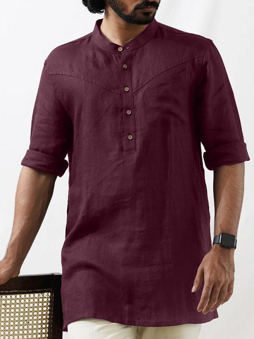 Wills - Full Sleeve Mandarin Collar Pure Linen Kurta - Wine Red | Rescue