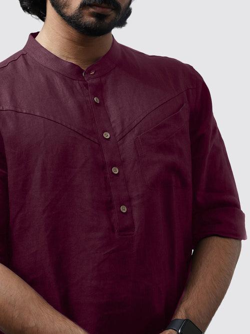 Wills - Full Sleeve Mandarin Collar Pure Linen Kurta - Wine Red | Rescue