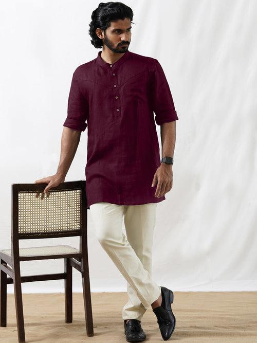 Wills - Full Sleeve Mandarin Collar Pure Linen Kurta - Wine Red | Rescue