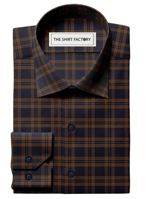 Customized Shirt Made to Order from Premium Cotton Navy Blue and Brown Plaid Checks - CUS-10052