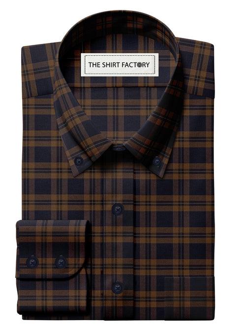 Customized Shirt Made to Order from Premium Cotton Navy Blue and Brown Plaid Checks - CUS-10052