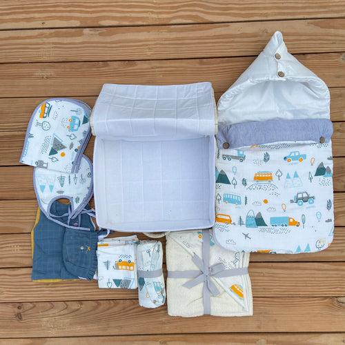 Hospital Bag Must Haves Combo - Little Campers Theme (total 16 Muslin Items)