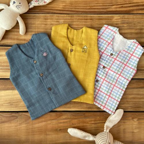 Set of 3 Newborn Muslin Vests (Blue, Mustard, Checks)