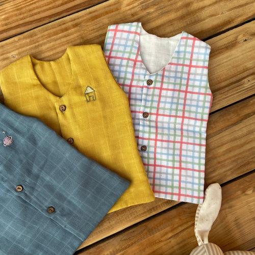 Set of 3 Newborn Muslin Vests (Blue, Mustard, Checks)