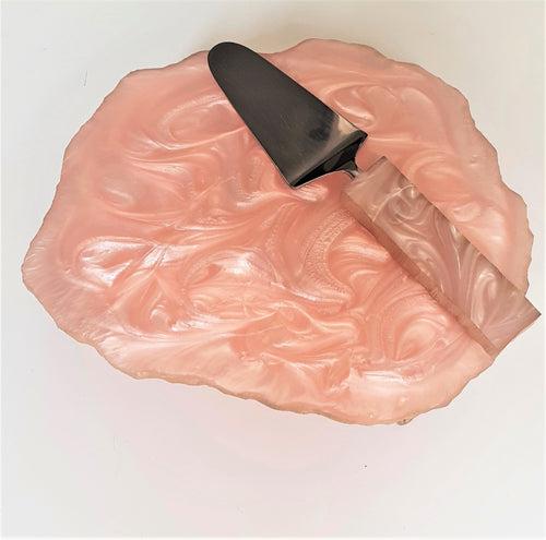 Pink Marble Effect Cake Stand & Spatula Set