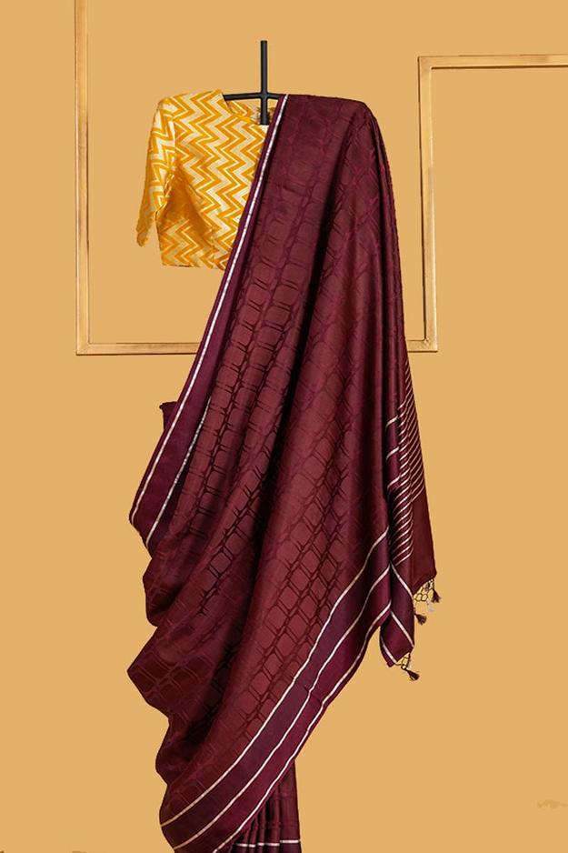 Wine Banarasi Jaamdani Satin Silk Sari