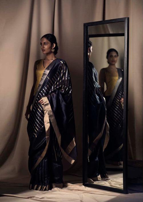 Navy Blue Chanderi Jaamdani  Silk Sari