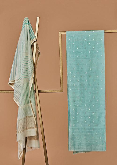 Aqua Blue Chanderi Unstitched Suit Set, Print & Embroidery from our collection Lakeerein