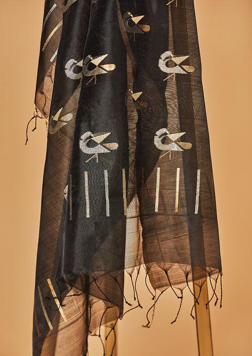 Chanderi Silk Black Kurta with Jaamdani Dupatta & Pants