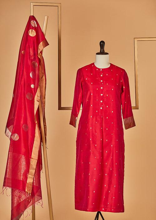 Chanderi Silk Raani Pink Kurta with Jaamdani Dupatta & Pants