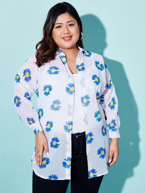 Georgette Boxy Fit Floral Print Women Plus Size Casual Long Shirt-3052PS