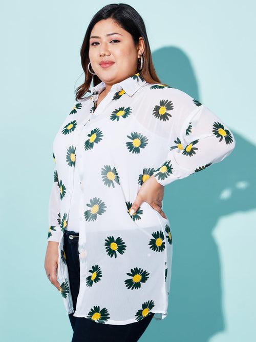 Georgette Boxy Fit Floral Print Women Plus Size Casual Long Shirt-3052PS