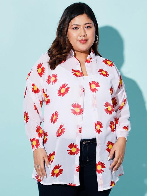 Georgette Boxy Fit Floral Print Women Plus Size Casual Long Shirt-3052PS